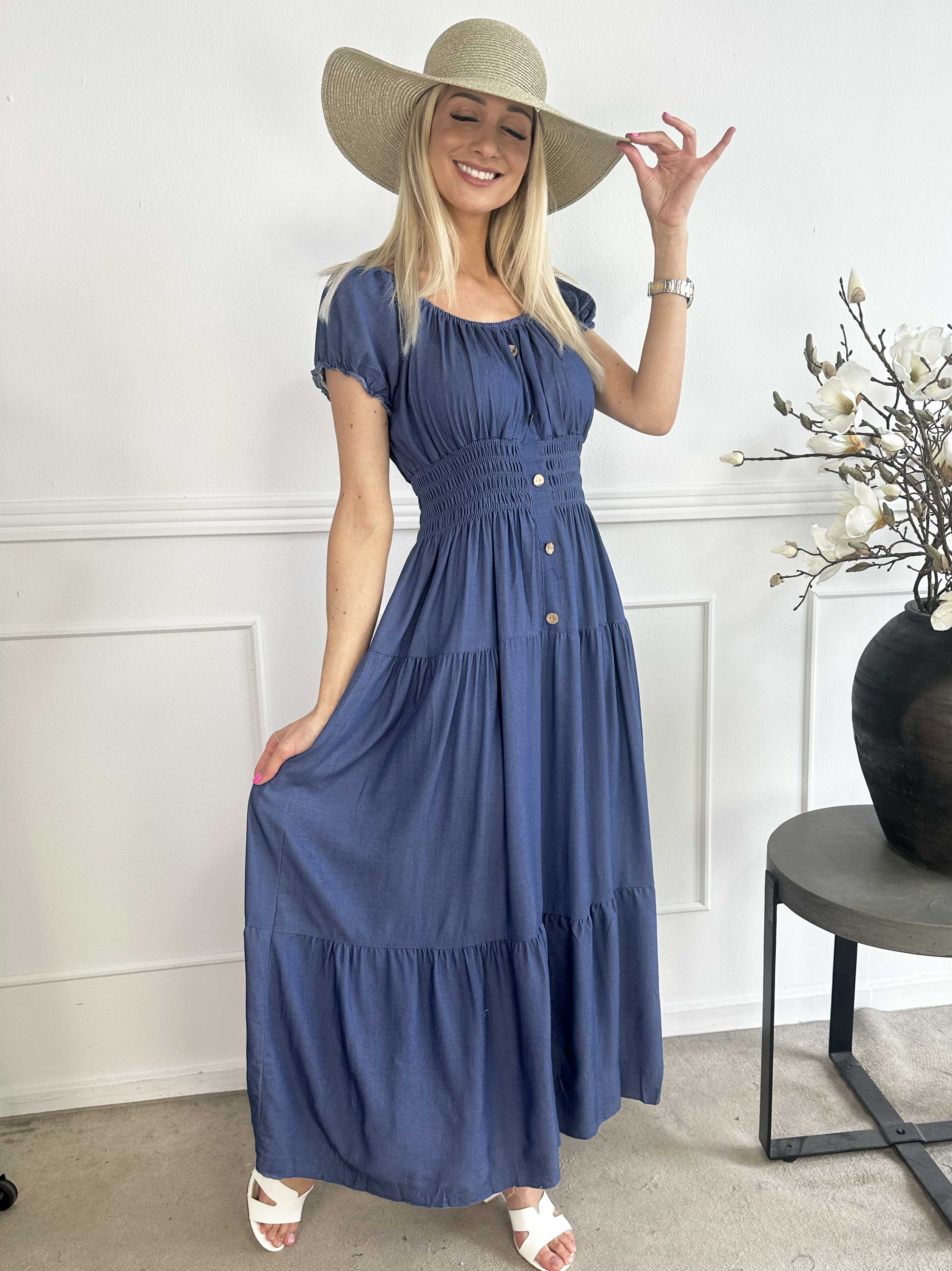 Alexina - Lang kjole i denimlook med elastik i taljen